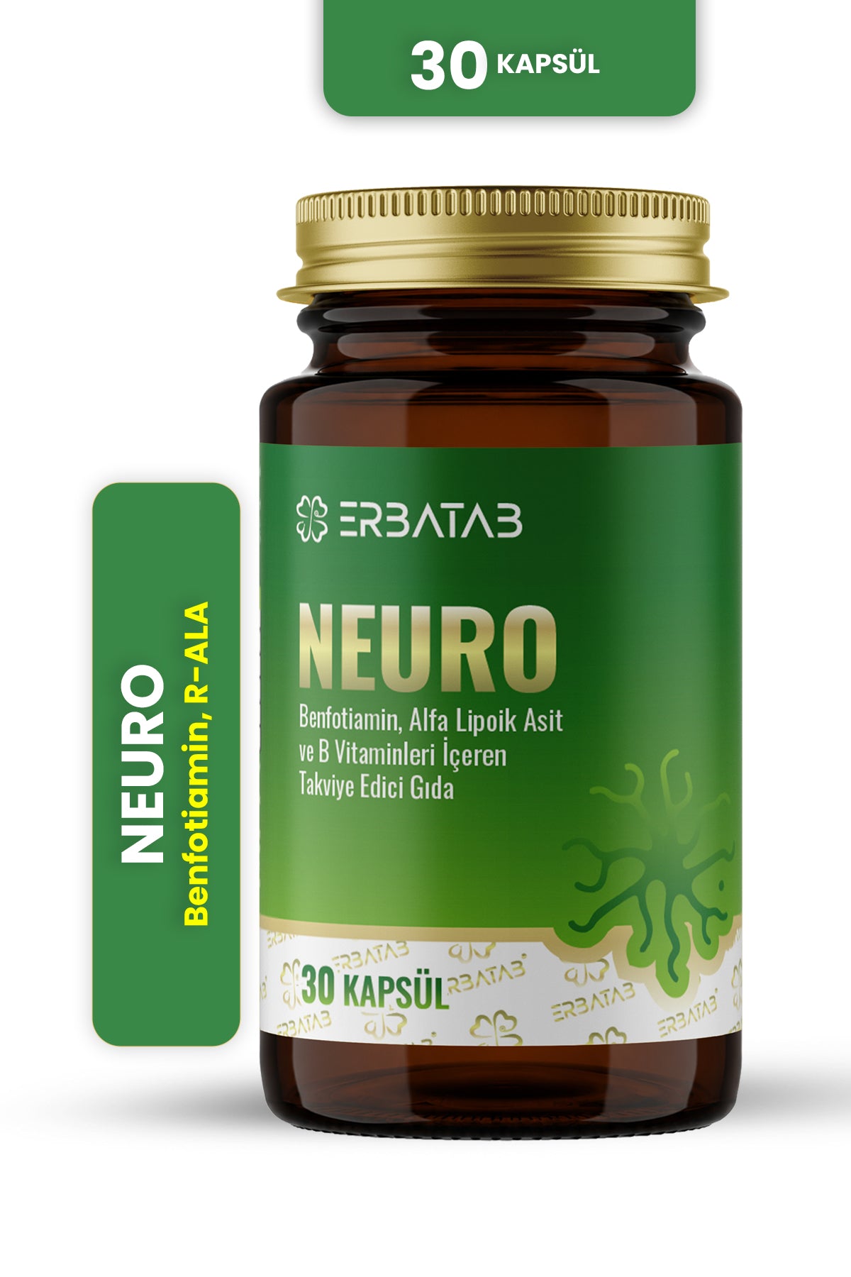 Erbatab Neuro benfotiamin, R-alfa Lipoik asit B1, B5, B6, B12 Vitaminleri Içeren Takviye Edici Gıda – 30 Kapsül
