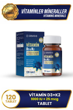 Erbatab D3K2 120 Tablet 1000 IU D3 ve 25 Mcg K2 İçeren Takviye Edici Gıda