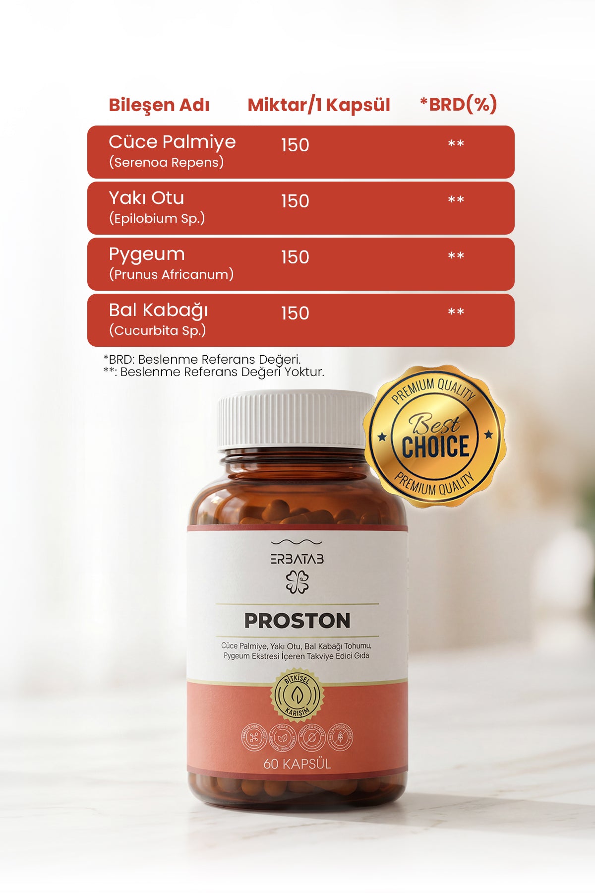 Erbatab Proston (Cüce Palmiye, Yakı Otu, Bal Kabağı Tohumu, Pygeum Ekstresi) 60 Kapsül - 3