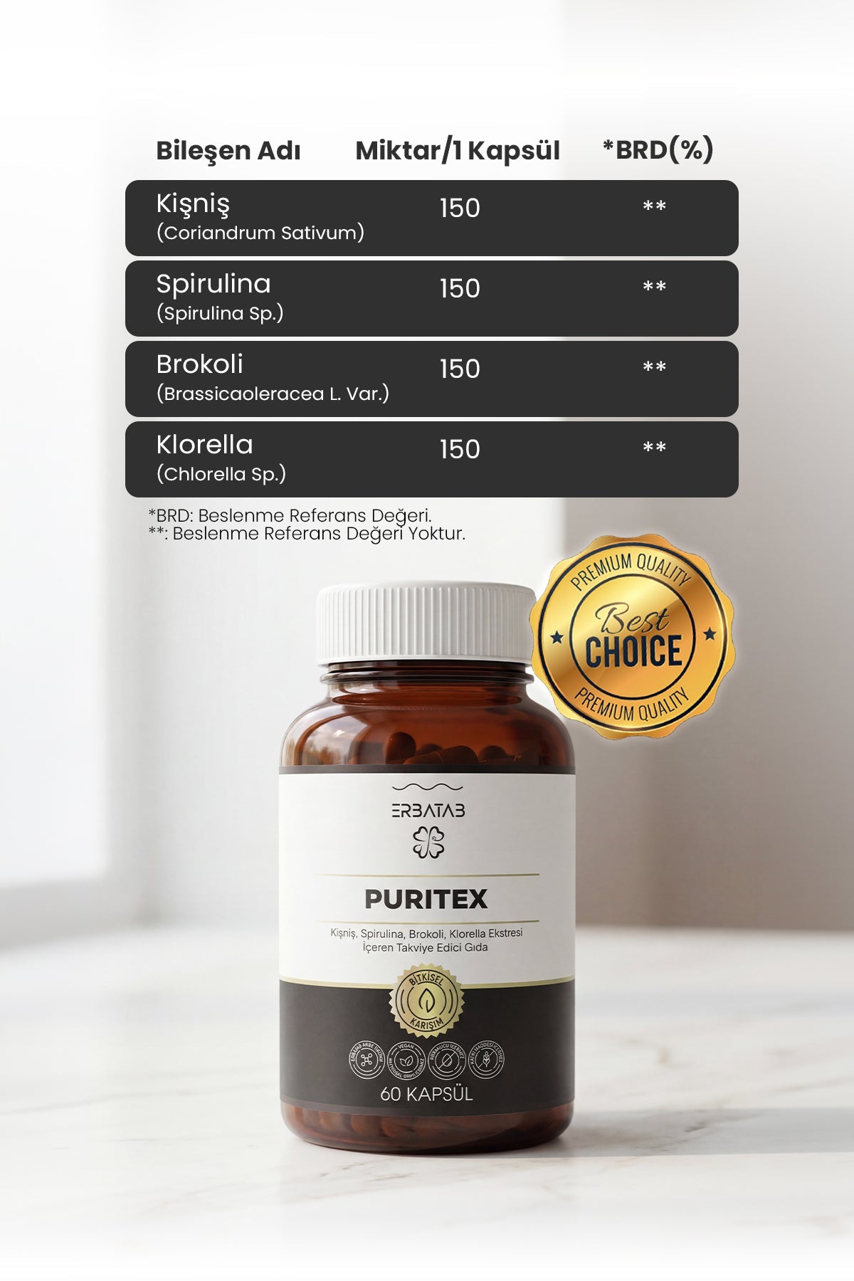 Erbatab Puritex (Kişniş, Spirulina, Brokoli, Klorella) 60 Kapsül - 3