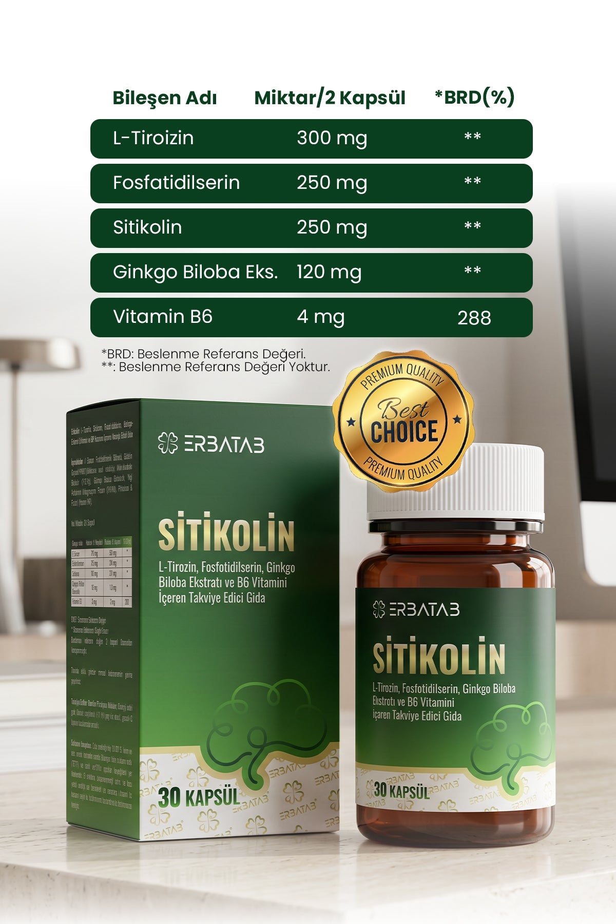 Erbatab Sitikolin – L-Tirozin, Fosfatidilserin, Ginkgo Biloba Ekstraktı ve B6 Vitamini İçeren Takviye Edici Gıda – 30 Vcaps® - 3