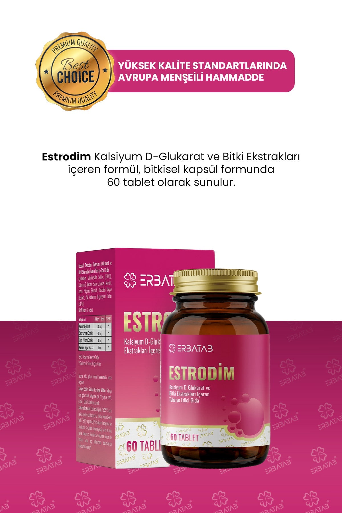 Erbatab Estrodim | 100 mg DIM | Kalsiyum D-Glukarat | Savoy Lahanası | Japon Poligonu | 60 Tablet