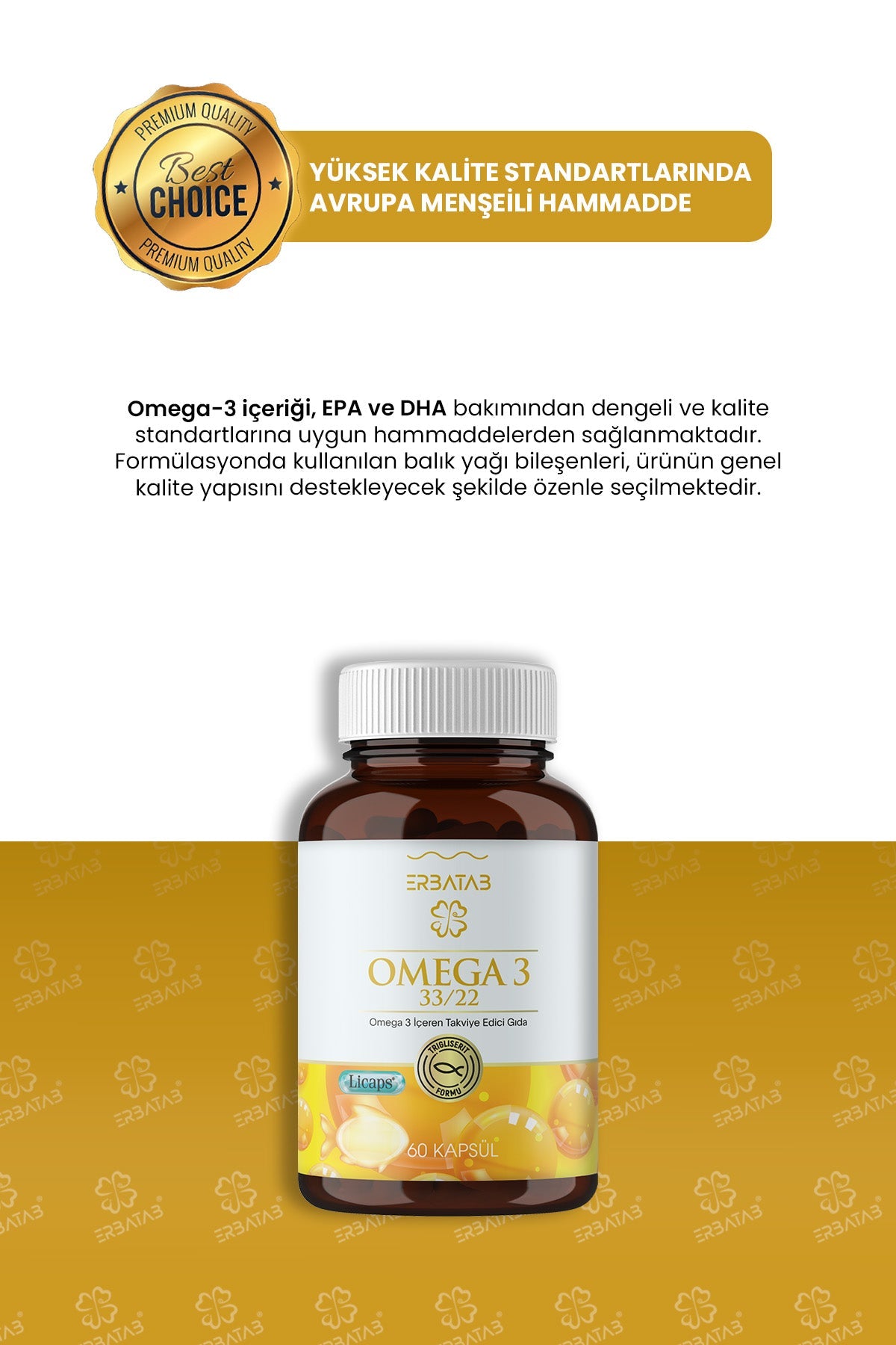 Erbatab Omega 3 - Balık Yağı - Hava Sızdırmaz, Okside Olmayan Licaps omega3 60 Kapsül