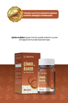 Erbatab Çinko ve Bakır 30 Kapsül 15 Mg Çinko Pikolinat ve 1000 Mcg Bakır İçeren Takviye Edici Gıda