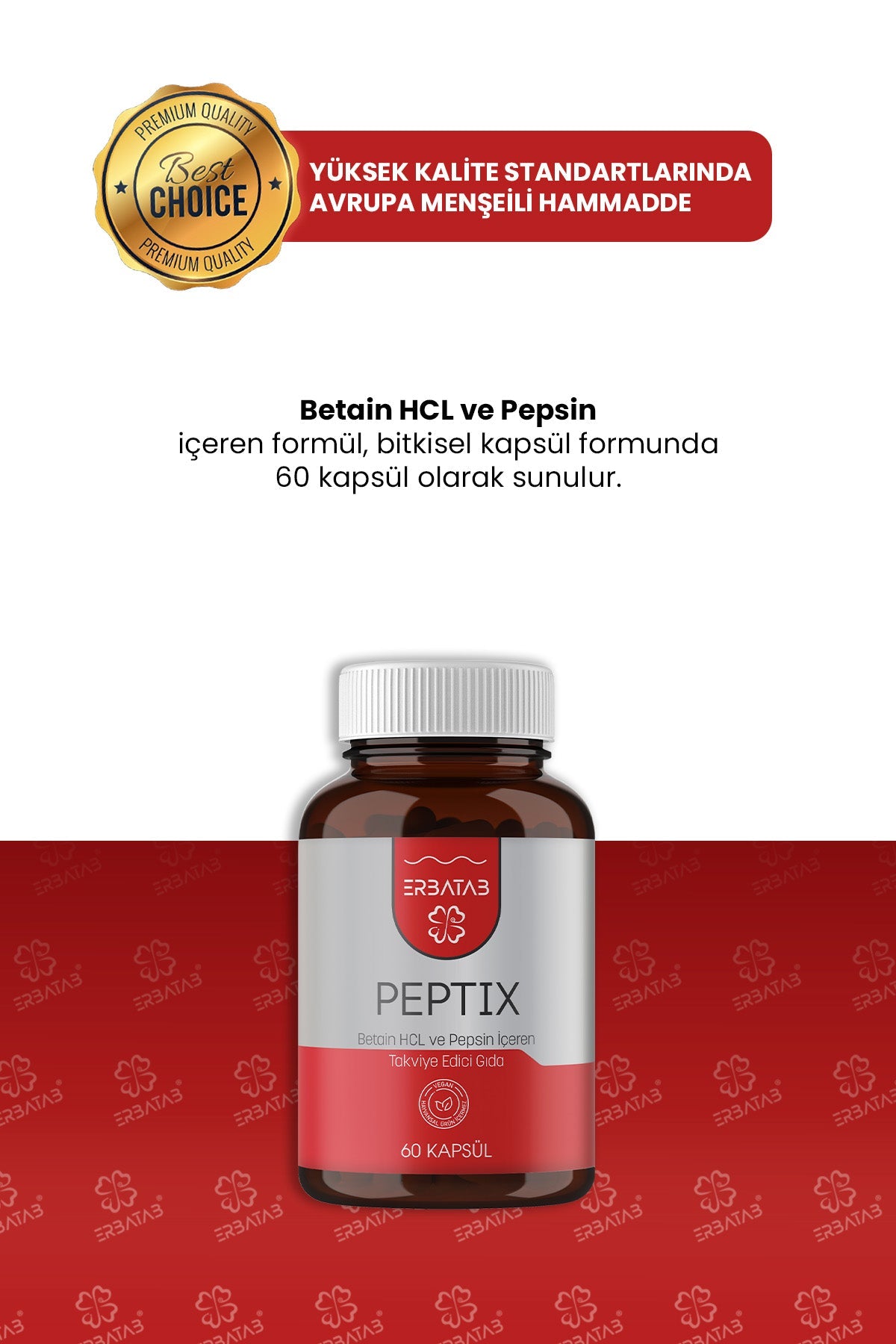 Erbatab Betain HCl Pepsin Takviye Edici Gıda Peptix 60 Kapsül - 5