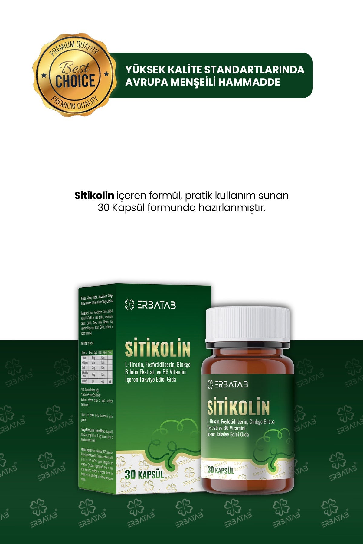 Erbatab Sitikolin – L-Tirozin, Fosfatidilserin, Ginkgo Biloba Ekstraktı ve B6 Vitamini İçeren Takviye Edici Gıda – 30 Vcaps® - 5