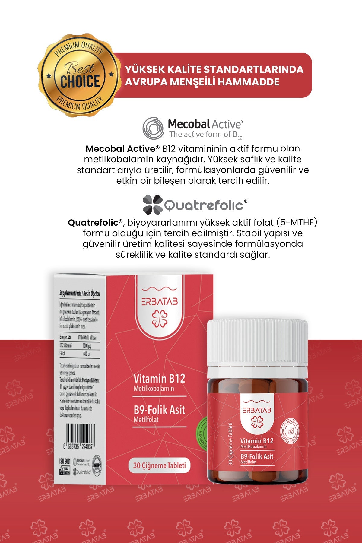 Erbatab Vitamin B12- Folik Asit B9 Tablet Metilkobalamin-Metilfolat