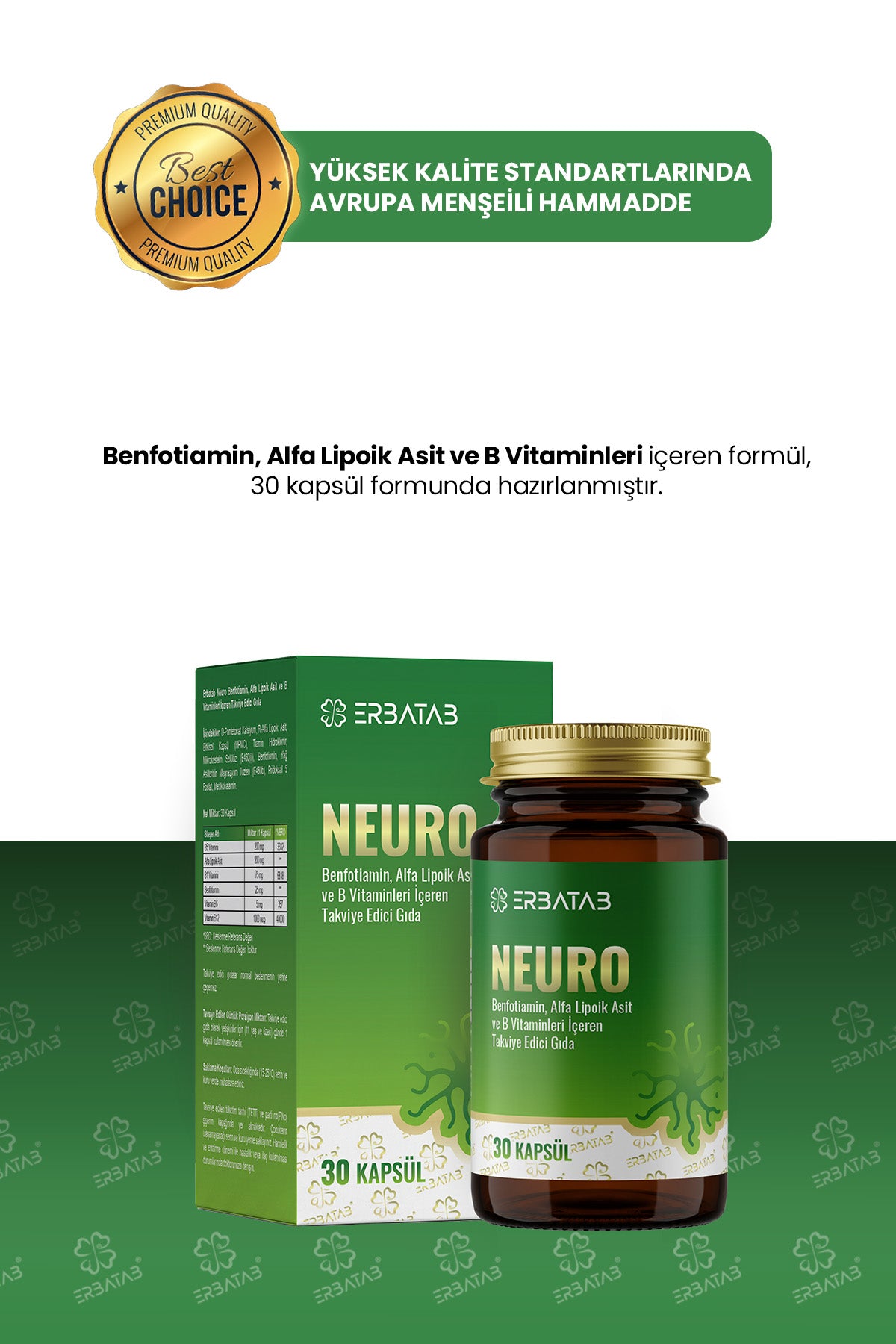 Erbatab Neuro benfotiamin, R-alfa Lipoik asit B1, B5, B6, B12 Vitaminleri Içeren Takviye Edici Gıda – 30 Kapsül
