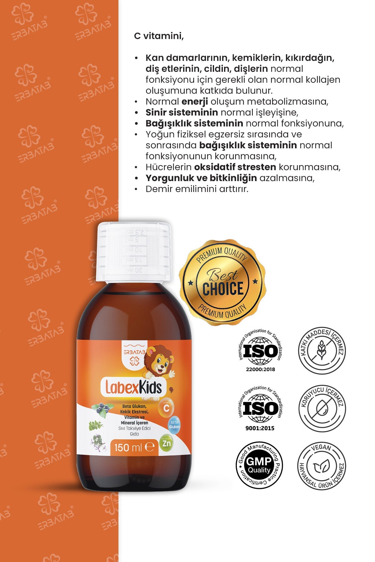 Erbatab Labex Kids Çinko Kekik Beta Glukan Karamürver Çocuk Multivitamin Şurup 150 ml
