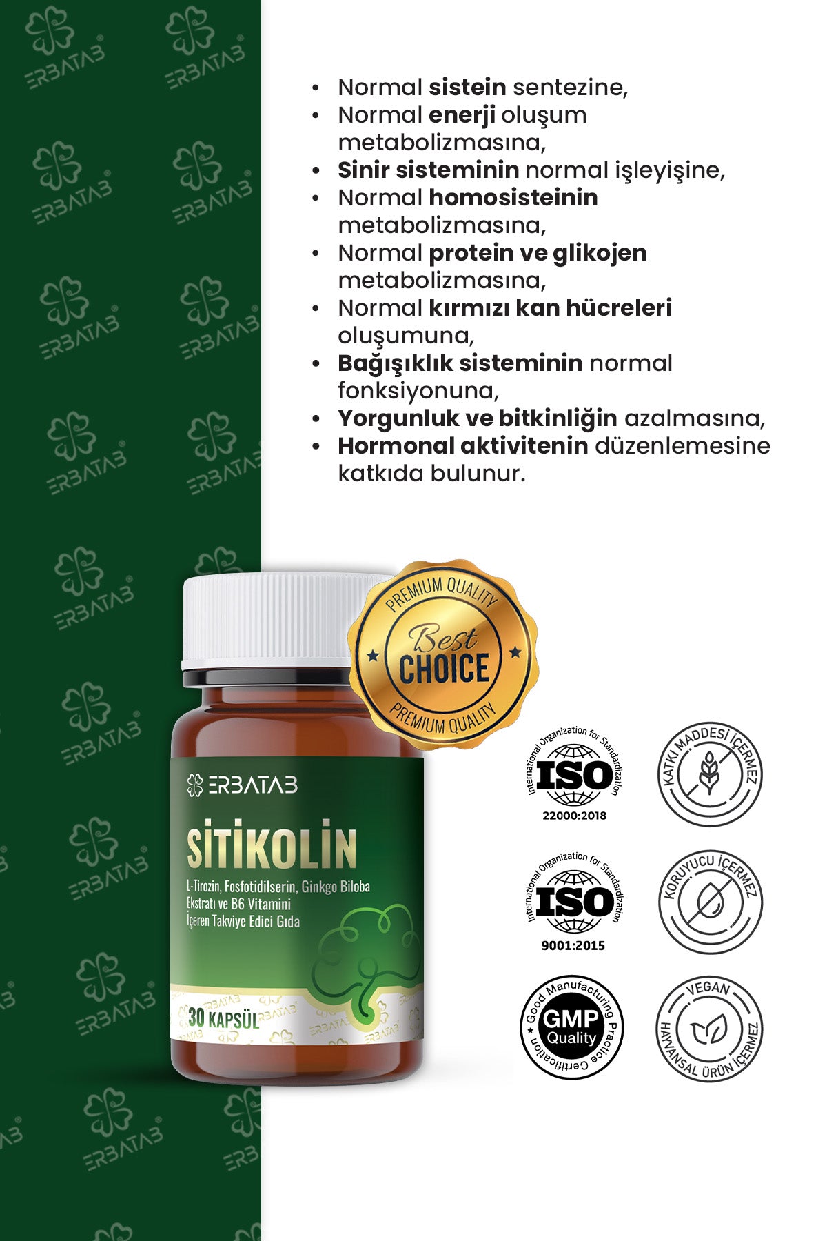 Erbatab Sitikolin – L-Tirozin, Fosfatidilserin, Ginkgo Biloba Ekstraktı ve B6 Vitamini İçeren Takviye Edici Gıda – 30 Vcaps® - 6