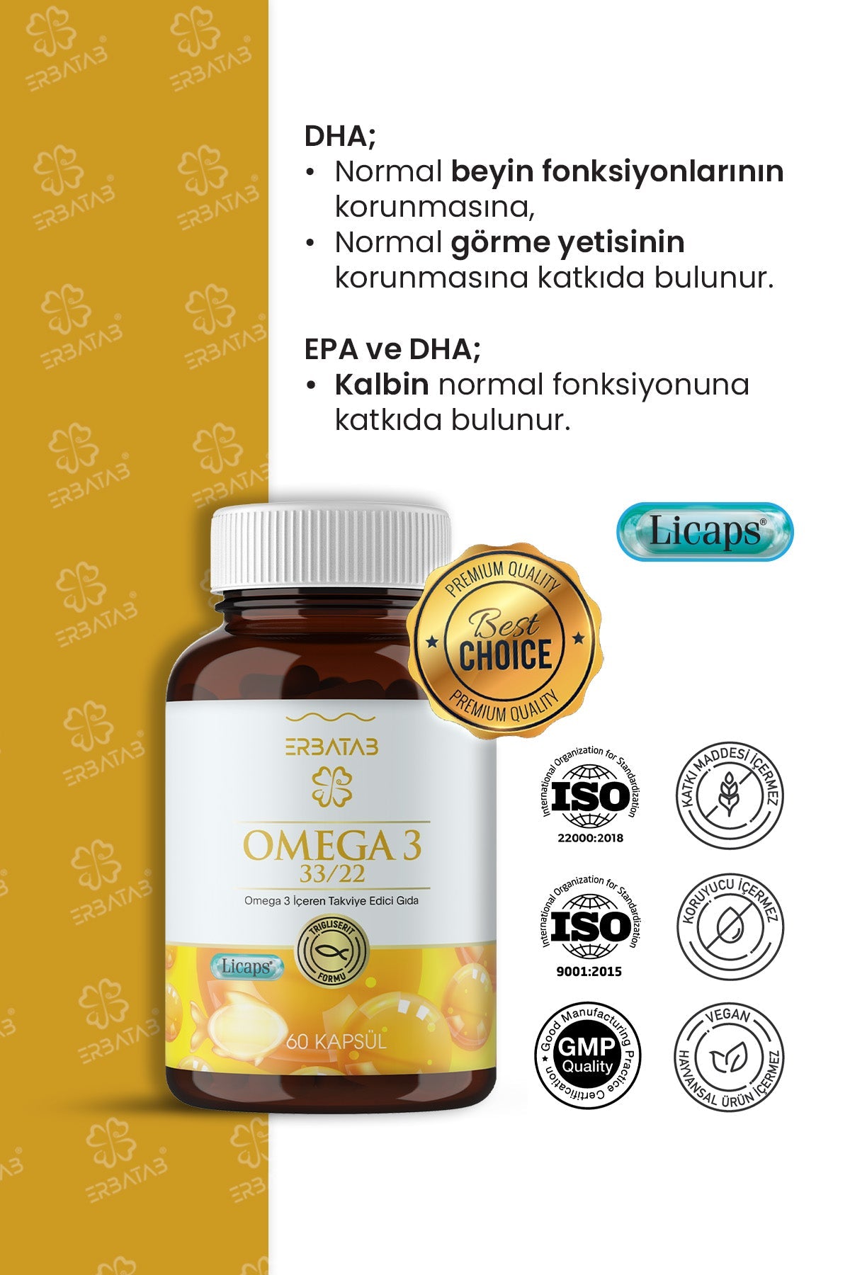 Erbatab Omega 3 - Balık Yağı - Hava Sızdırmaz, Okside Olmayan Licaps omega3 60 Kapsül