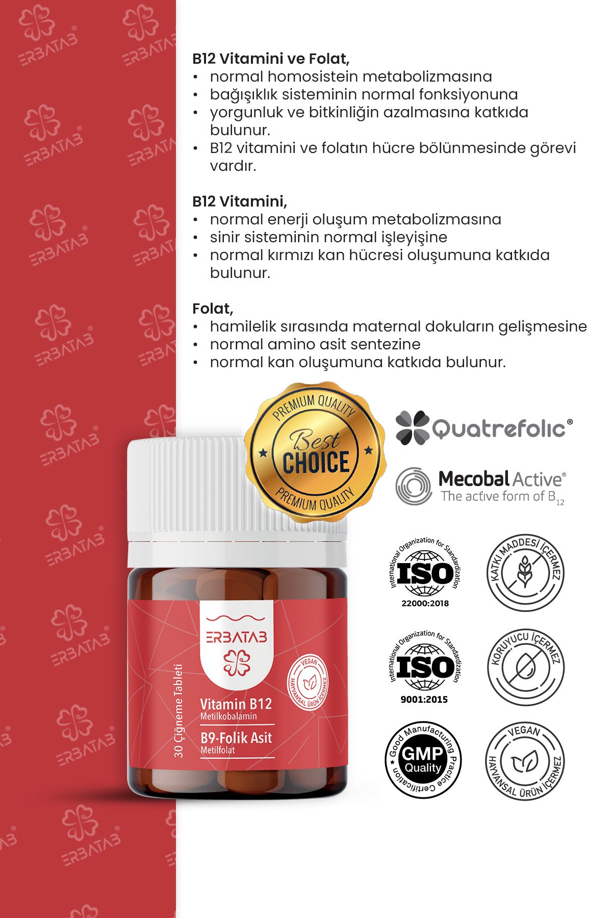 Erbatab Vitamin B12- Folik Asit B9 Tablet Metilkobalamin-Metilfolat