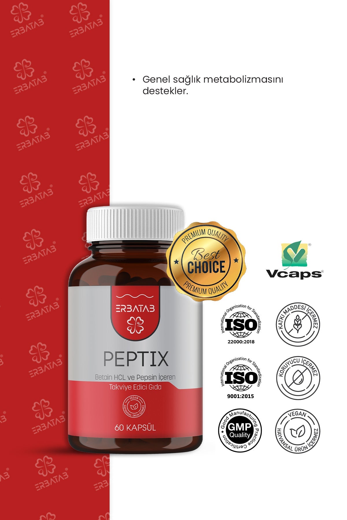 Erbatab Betain HCl Pepsin Takviye Edici Gıda Peptix 60 Kapsül - 6