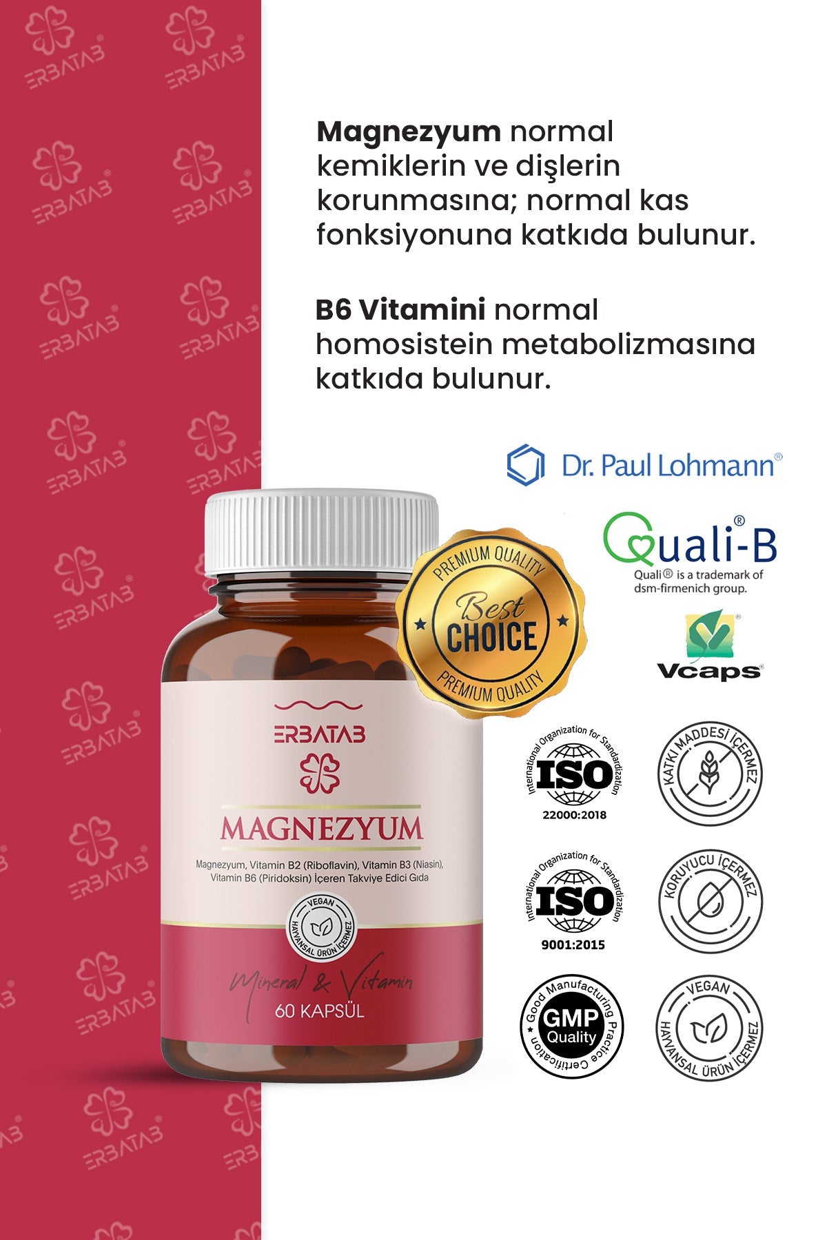 Erbatab Magnezyum 3'lü Form (Bisglisinat, Sitrat, Malat) + Vitamin B2, B3, B6 60 Kapsül - 6