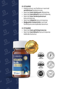 Erbatab D3K2 120 Tablet 1000 IU D3 ve 25 Mcg K2 İçeren Takviye Edici Gıda