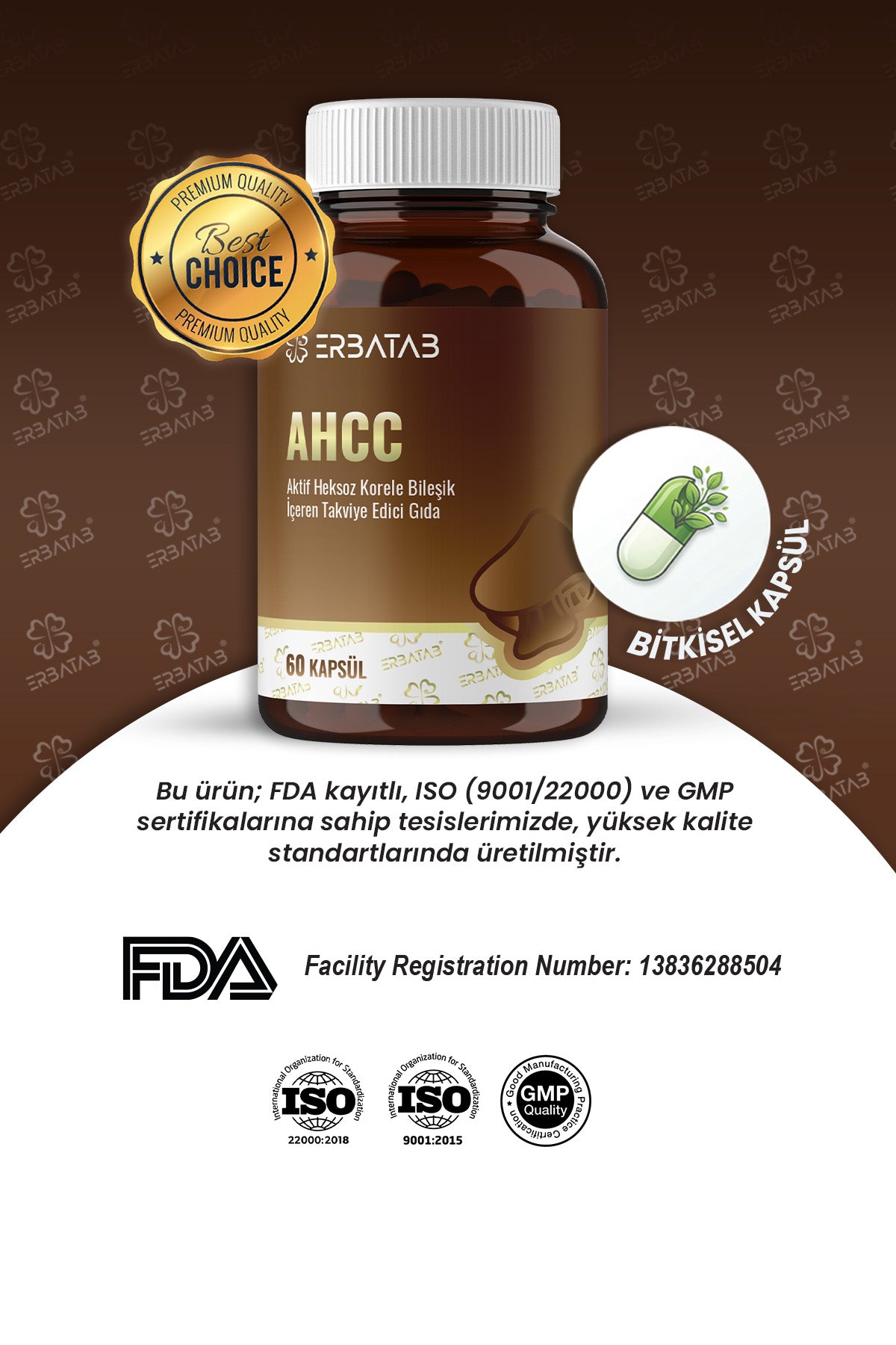 Erbatab AHCC 60 Bitkisel Kapsül Shiitake Mantar Kaynaklı Takviye Edici Gıda