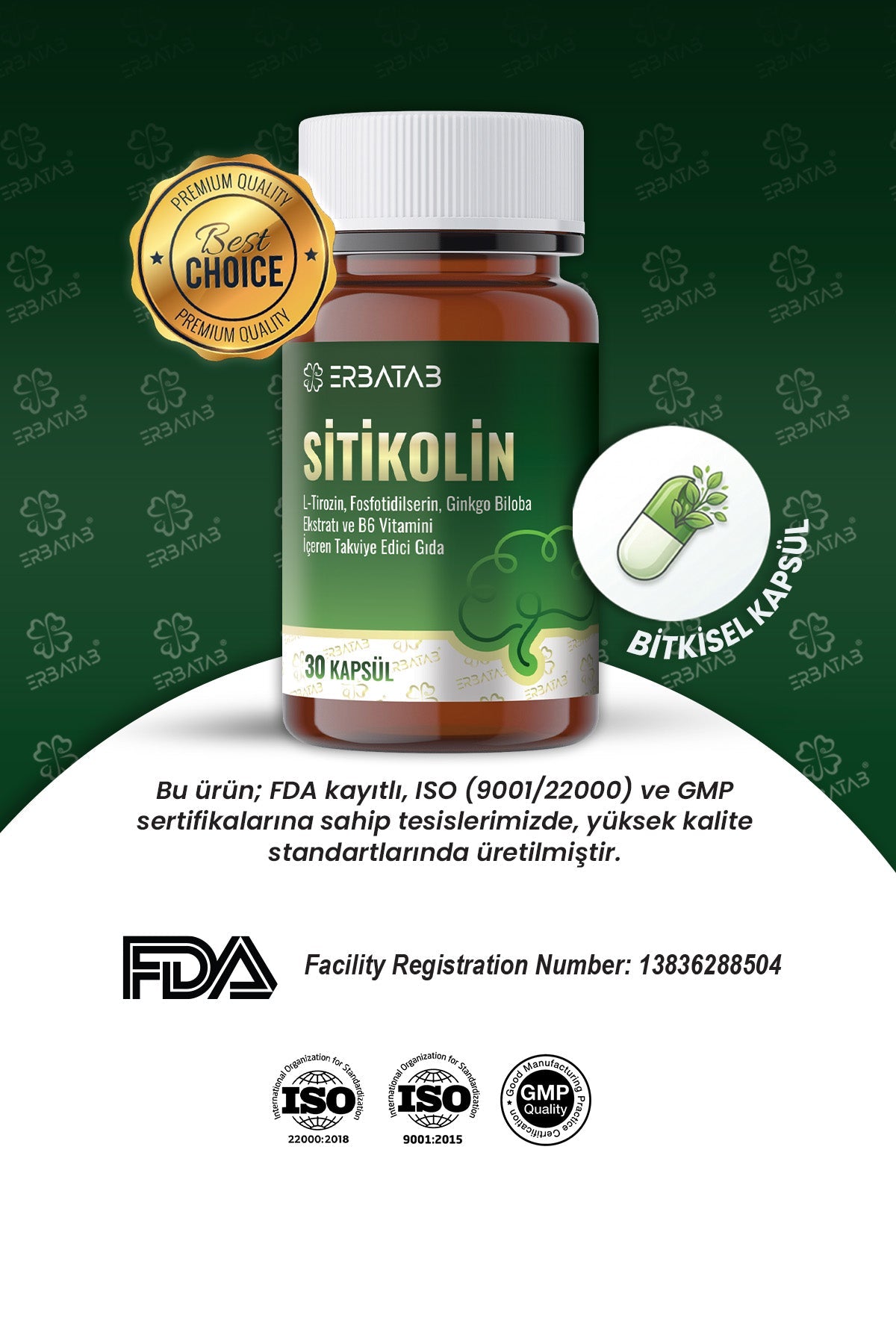 Erbatab Sitikolin – L-Tirozin, Fosfatidilserin, Ginkgo Biloba Ekstraktı ve B6 Vitamini İçeren Takviye Edici Gıda – 30 Vcaps® - 7