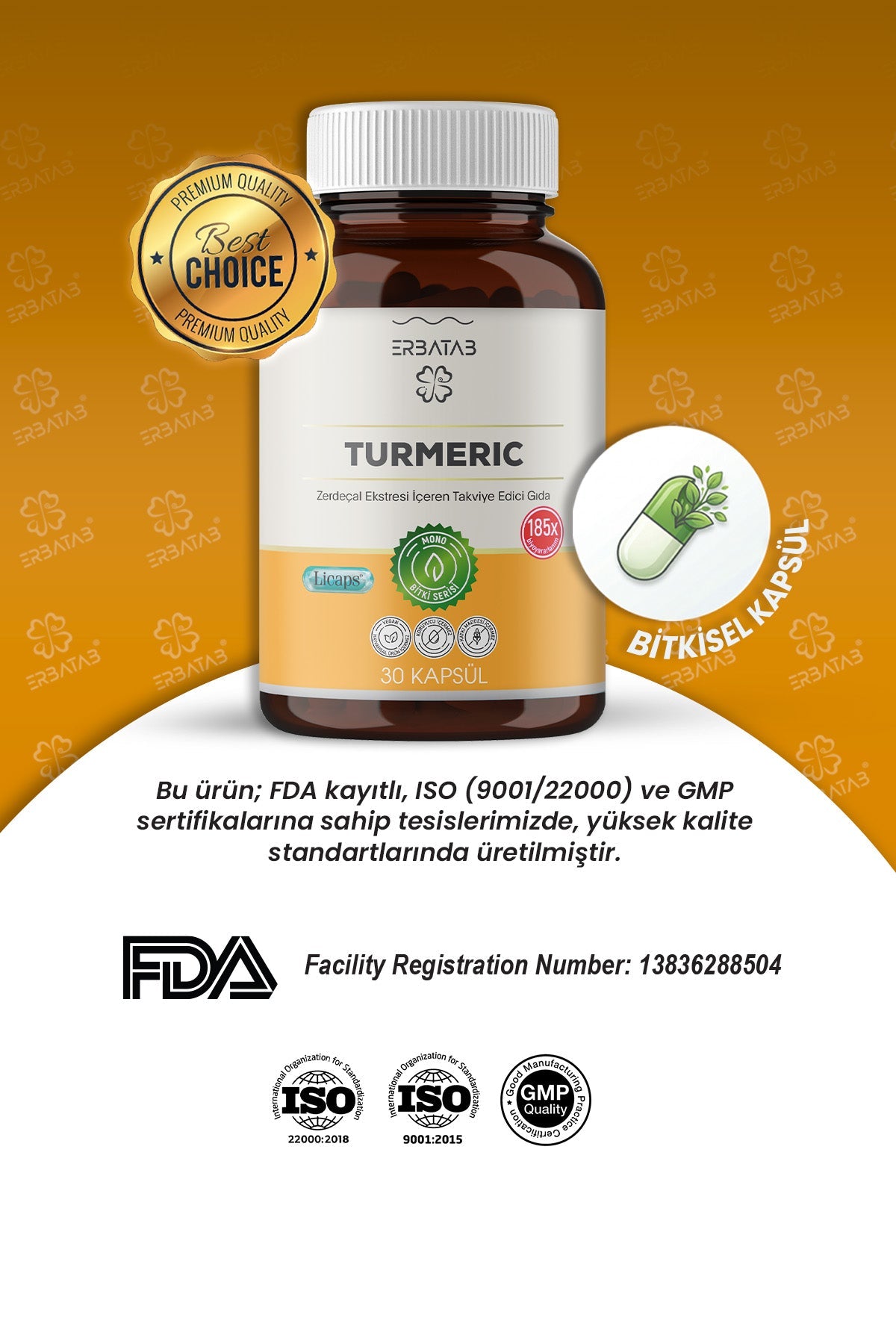 Erbatab Zerdeçal Curcumin Turmeric Ekstresi 30 Kapsül Licaps®
