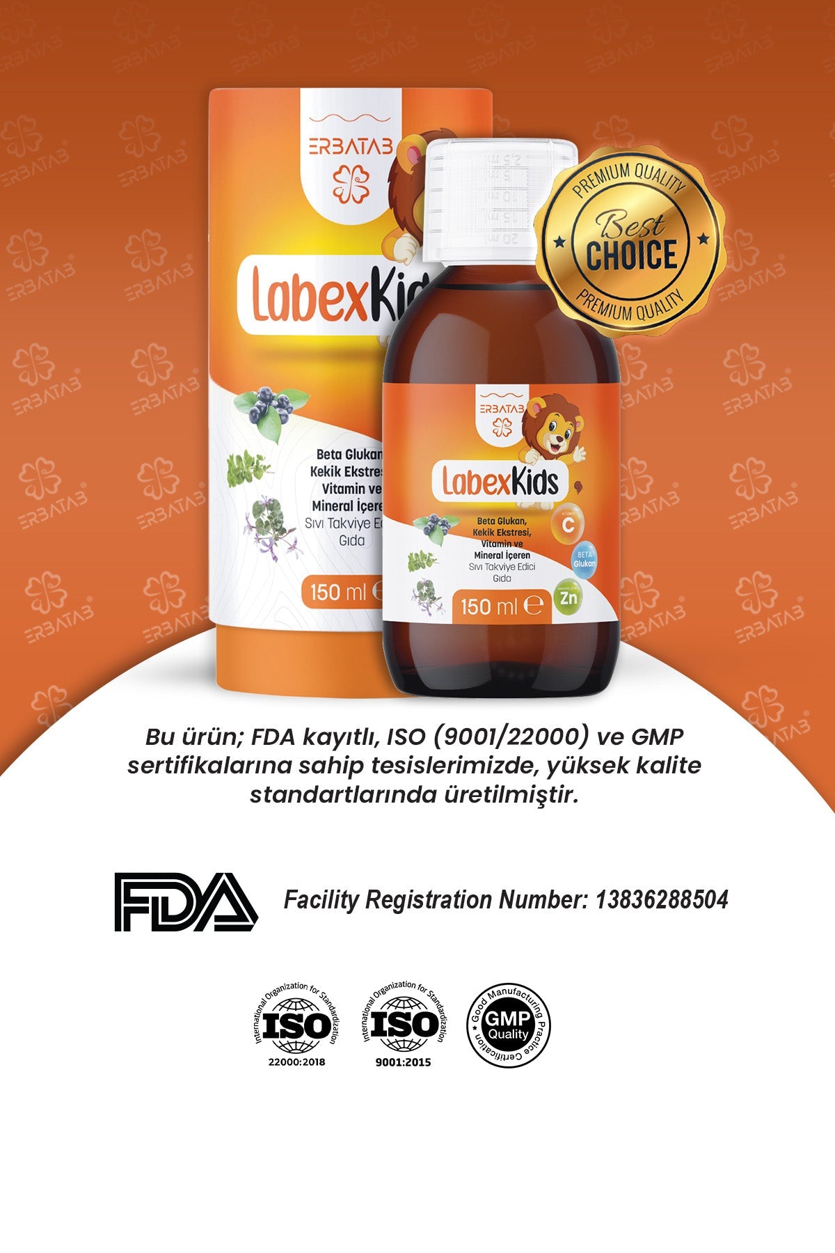 Erbatab Labex Kids Çinko Kekik Beta Glukan Karamürver Çocuk Multivitamin Şurup 150 ml
