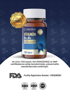 Erbatab D3K2 120 Tablet 1000 IU D3 ve 25 Mcg K2 İçeren Takviye Edici Gıda