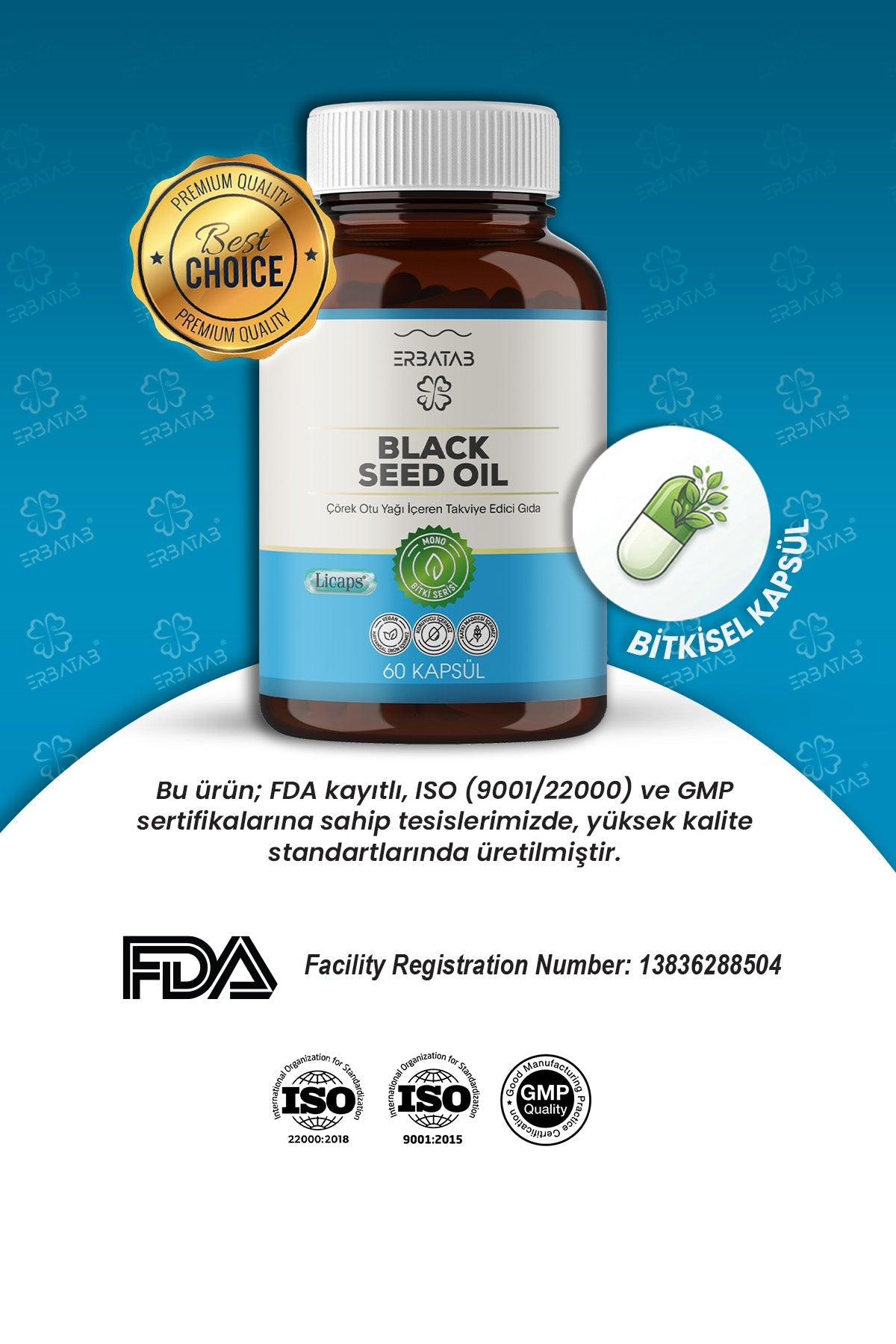 Erbatab Çörek Otu Yağı Black Seed Oil 60 Kapsül Licaps®