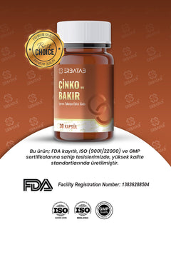 Erbatab Çinko ve Bakır 30 Kapsül 15 Mg Çinko Pikolinat ve 1000 Mcg Bakır İçeren Takviye Edici Gıda