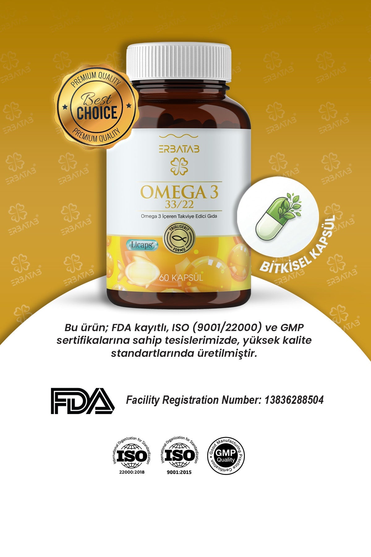 Erbatab Omega 3 - Balık Yağı - Hava Sızdırmaz, Okside Olmayan Licaps omega3 60 Kapsül