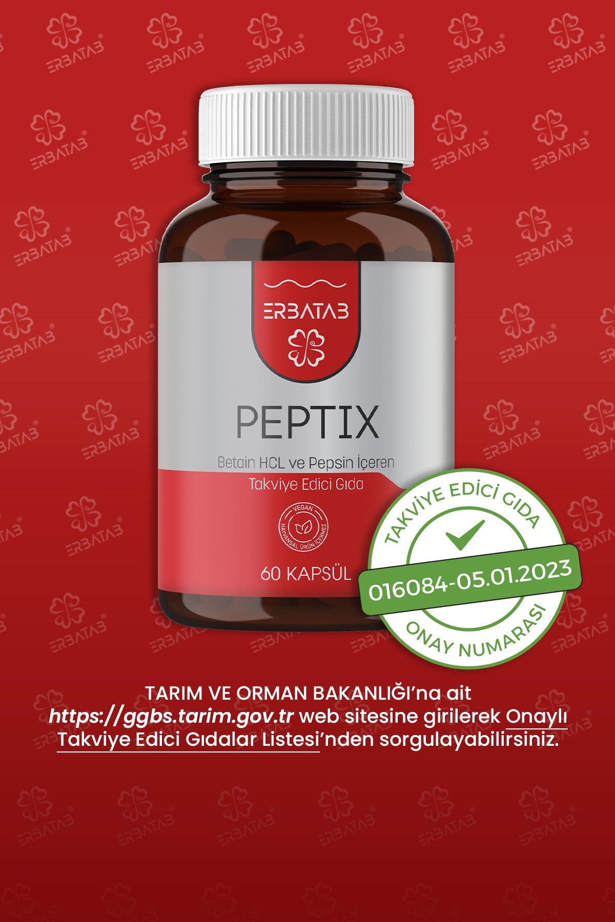 Erbatab Betain HCl Pepsin Takviye Edici Gıda Peptix 60 Kapsül - 8