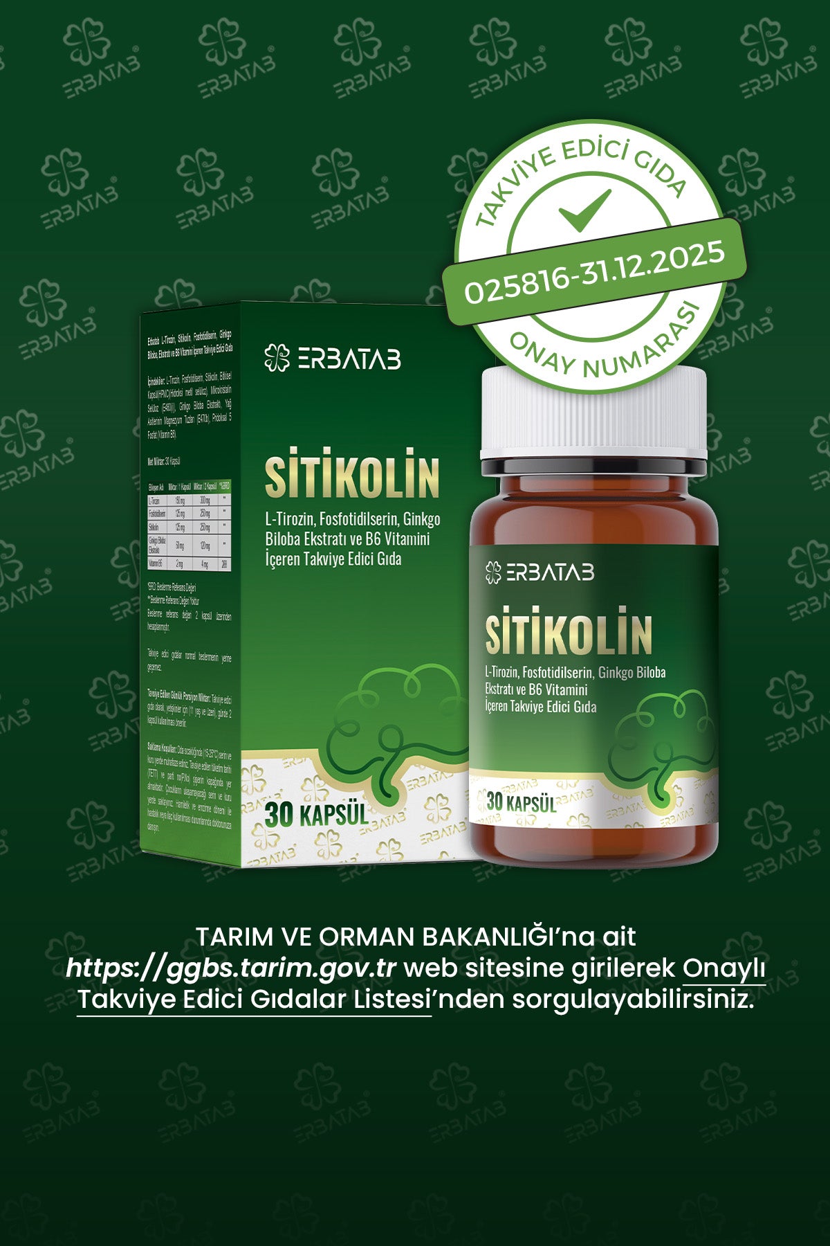 Erbatab Sitikolin – L-Tirozin, Fosfatidilserin, Ginkgo Biloba Ekstraktı ve B6 Vitamini İçeren Takviye Edici Gıda – 30 Vcaps® - 8