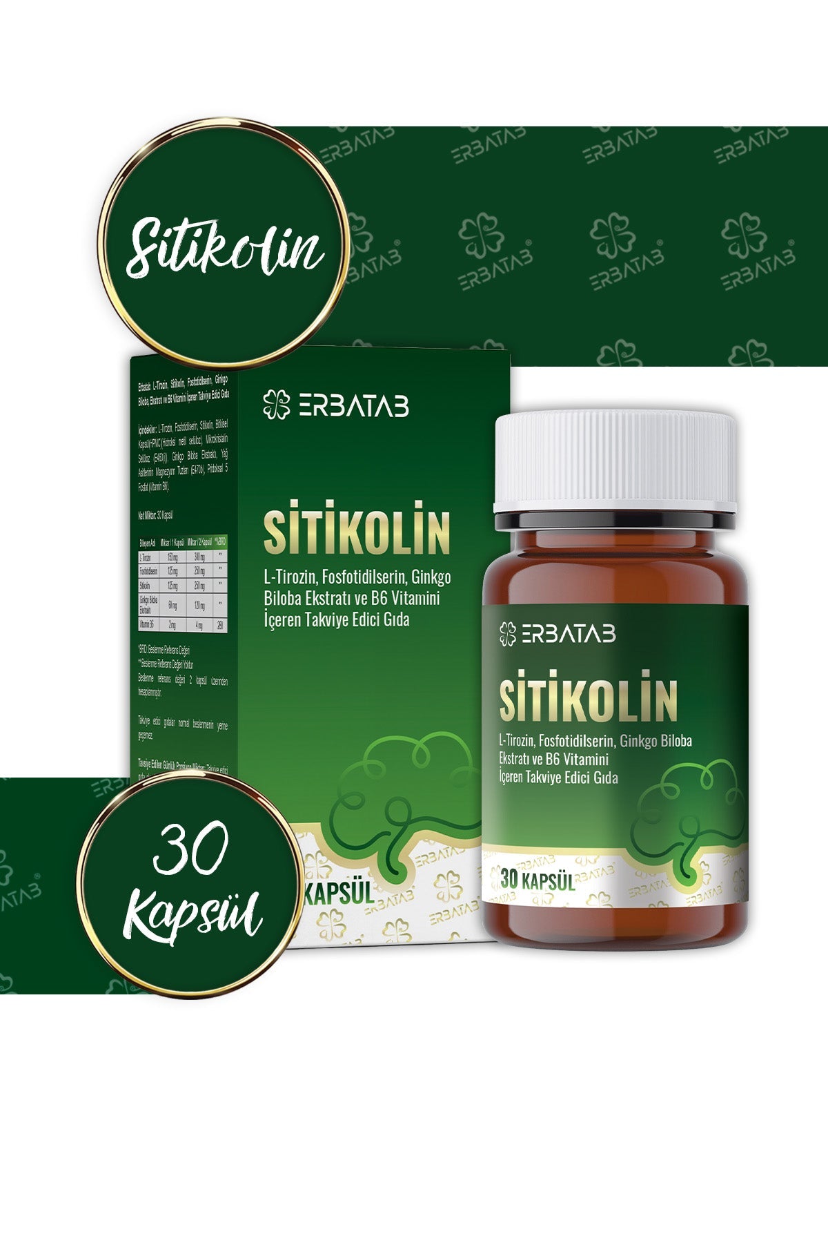 Erbatab Sitikolin – L-Tirozin, Fosfatidilserin, Ginkgo Biloba Ekstraktı ve B6 Vitamini İçeren Takviye Edici Gıda – 30 Vcaps® - 9