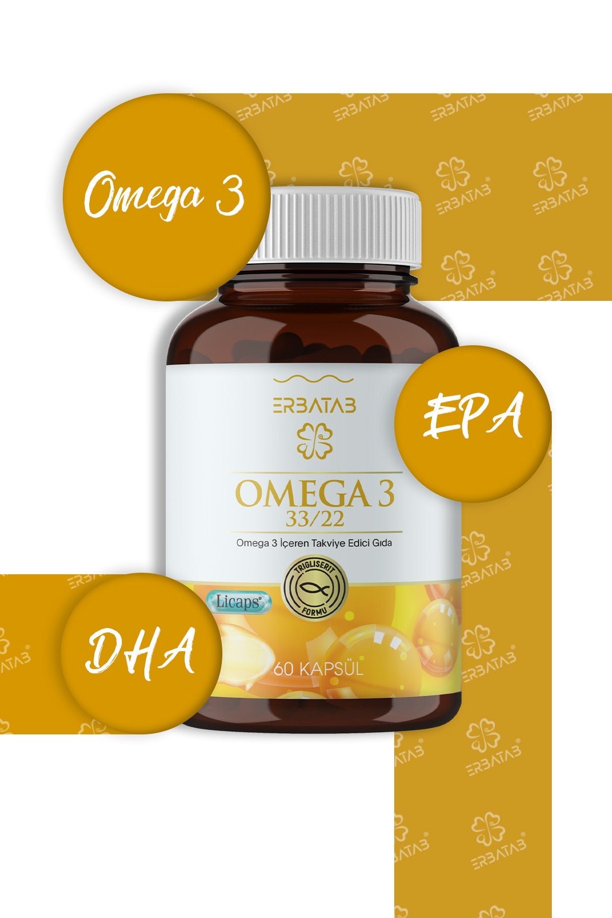 Erbatab Omega 3 - Balık Yağı - Hava Sızdırmaz, Okside Olmayan Licaps omega3 60 Kapsül