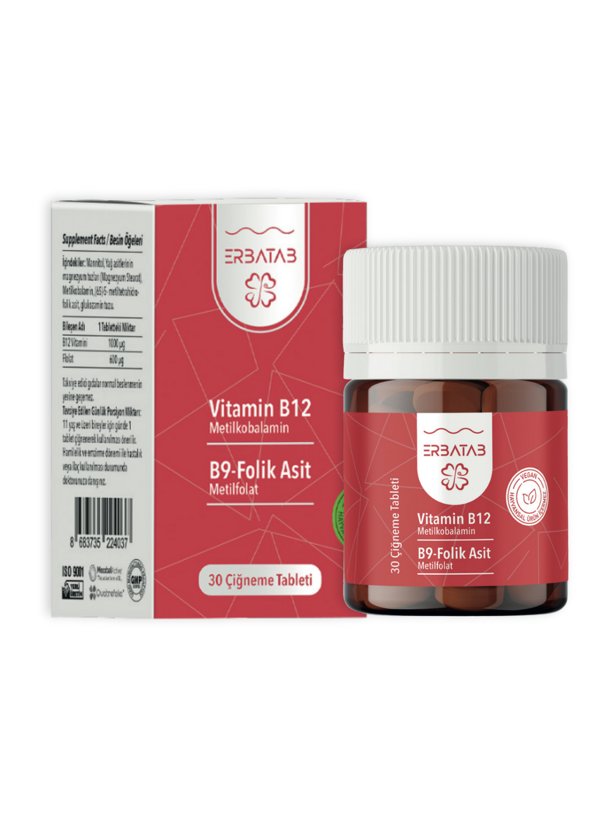 Erbatab Vitamin B12- Folik Asit B9 Tablet Metilkobalamin-Metilfolat