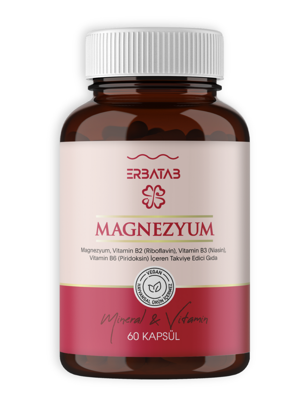 Erbatab Magnezyum 3'lü Form (Bisglisinat, Sitrat, Malat) + Vitamin B2, B3, B6 60 Kapsül