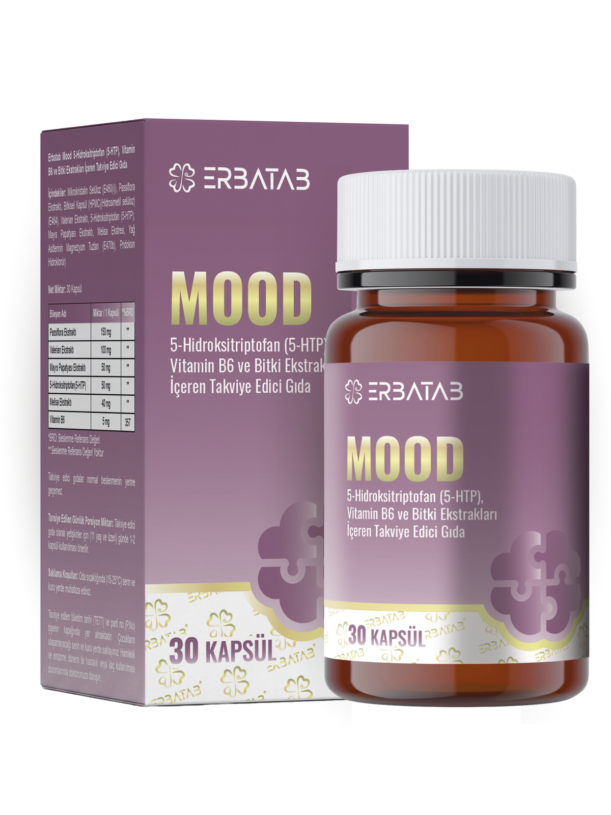 Erbatab Mood 5-HTP 30 Kapsül Passiflora, Valerian ve Melisa Ekstraktları İçeren Takviye Edici Gıda