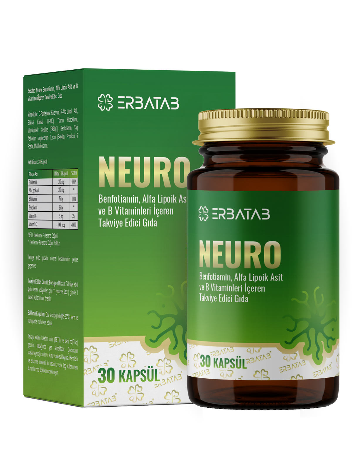 Erbatab Neuro benfotiamin, R-alfa Lipoik asit B1, B5, B6, B12 Vitaminleri Içeren Takviye Edici Gıda – 30 Kapsül
