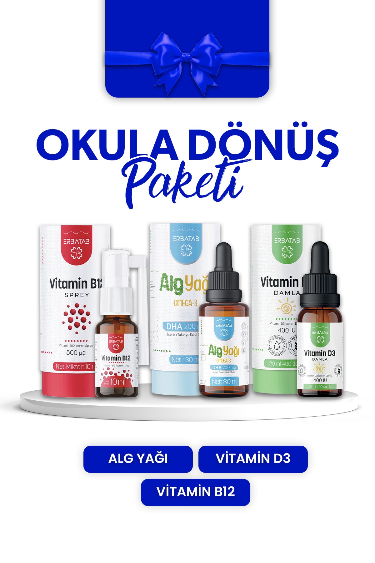 Erbatab Okula Dönüş Paketi (Vitamin D3 Kids, Vita 12, Alg Yağı Omega 3)