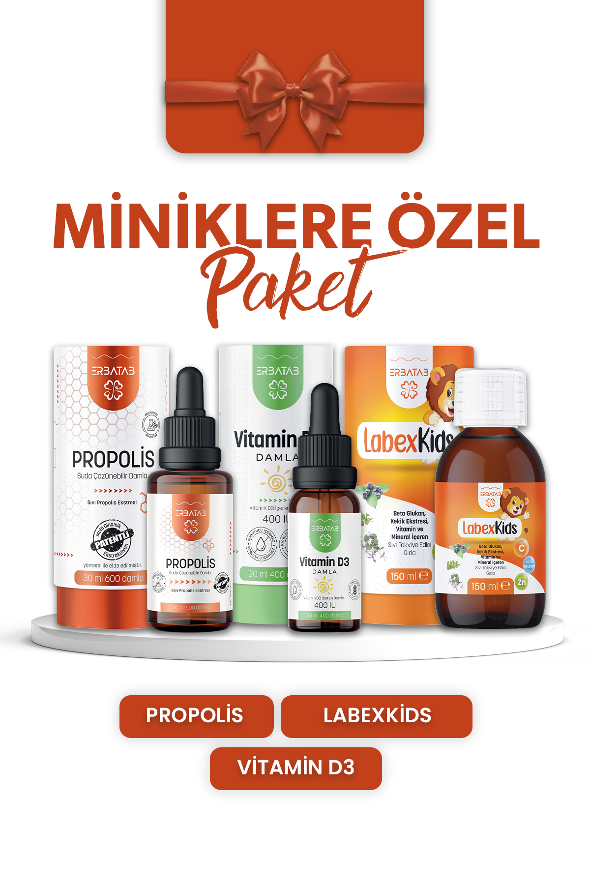 Erbatab Miniklere Özel Paket (Propolis, Vitamin D3, Labex Kids)